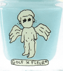 a blue cup with a drawing of an angel and the words golf le fleurs