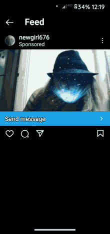 a phone screen shows a picture of a person with the words feed and send message below it