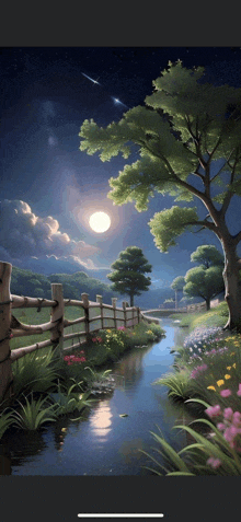 a painting of a river with a wooden fence and a full moon