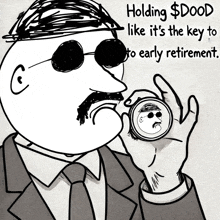 a cartoon of a man holding a coin that says holding $ dood