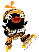 a penguin wearing roller skates and a helmet with the words santiago rollers on it