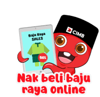 a cartoon character holding a tablet that says cimb