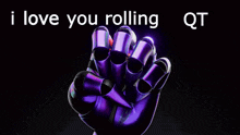 a cartoon character is sitting on a purple hand with the words i love you rolling qt