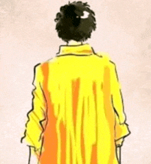 a drawing of a man in a yellow shirt standing on a pink background .