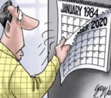 a cartoon of a man looking at a calendar that says january 1984 .