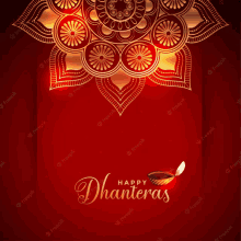 a red background with a floral design and the words happy dhanteras on it