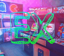 a green and purple drawing of an arcade with a number 5 on it