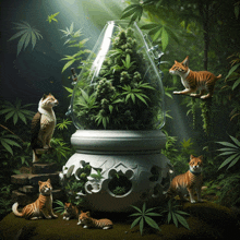 a group of cats surround a marijuana plant in a glass container