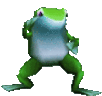 a green and white frog with purple eyes is dancing