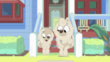 a couple of cartoon dogs are sitting on a porch