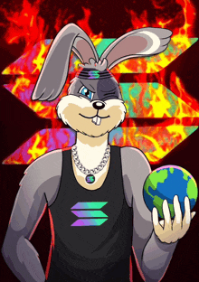 a cartoon of a rabbit wearing a black tank top and a necklace holding a globe