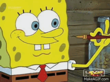 a cartoon of spongebob holding a pen and smiling