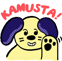 a cartoon dog with purple ears and the words kamusta on top