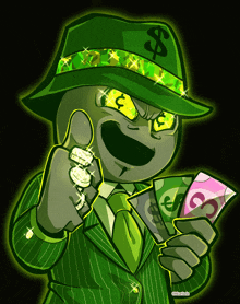 a cartoon of a man in a green suit and hat holding money