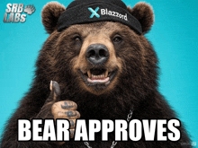 a bear wearing a hat that says blazzord on it gives a thumbs up