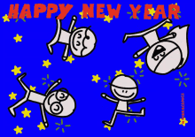 a blue background with cartoon characters and the words happy new year in red