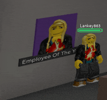 a cartoon character is standing next to a sign that says " employee of the year "