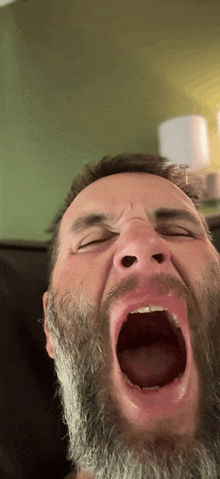 a man with a beard is yawning with his eyes closed