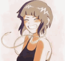 a drawing of a girl with headphones around her neck and smiling .