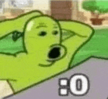 a green cartoon character is laying on a table with his hands behind his head and his mouth open .