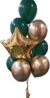 a bunch of green and gold balloons with a gold star balloon