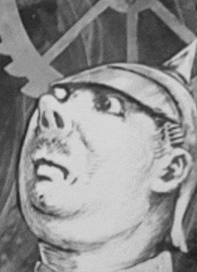 a black and white drawing of a man wearing a hat looking up .