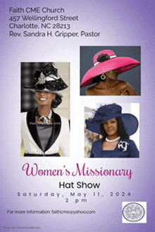 a poster for a women 's missionary hat show on saturday may 11 2024