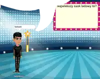 a cartoon character is standing in front of a sign that says " najwiekszy ssak ładowy to "