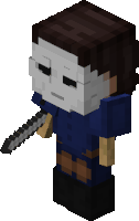 a minecraft character is wearing a mask and holding a chainsaw .