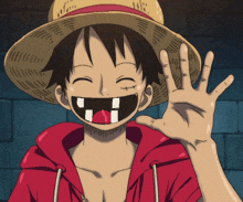 monkey d luffy from one piece is smiling and waving at the camera