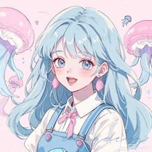 a drawing of a girl with blue hair and pink jellyfish around her