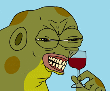 a cartoon of a frog holding a glass of red wine