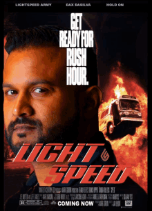 a movie poster for light speed shows a man in front of a burning bus