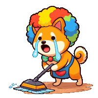 a cartoon of a dog wearing a clown wig cleaning the floor