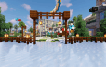 a minecraft scene with a wooden archway and lanterns hanging from it