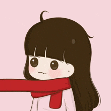 a cartoon girl wearing a red scarf around her neck against a pink background