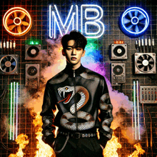 a man in a black jacket with a snake on it stands in front of a neon sign that reads mb