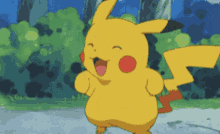 a pikachu cartoon character is smiling and dancing in a park