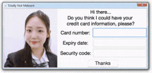 a screen that says totally not malware with a girl on it