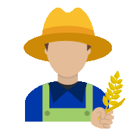 a man wearing a hat and overalls holds a wheat plant in his hand