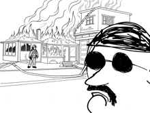 a drawing of a fireman standing in front of a burning house