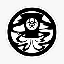 a black and white sticker with an octopus and a biohazard symbol in a circle .