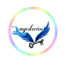 a logo for myeslerios with blue wings and a key in the center