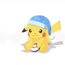 a pikachu wearing a blue hat is holding a pokemon ball