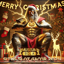 a poster for museum bola 1 shows a man in a santa hat