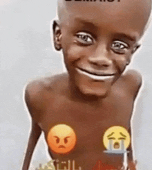 a cartoon of a boy without a shirt with emojis on his chest and smiling .