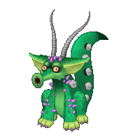 a cartoon drawing of a green monster with horns and spikes on its tail