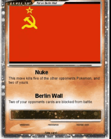 a pokemon card with a hammer and sickle on a red background