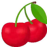 two cherries with green stems and leaves on them