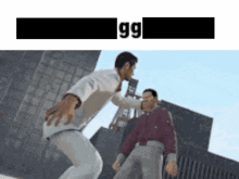 a man is kicking another man in the face while standing in front of a building in a video game .